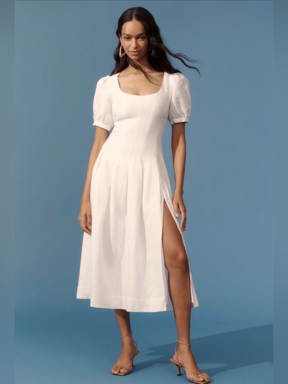 Reformation Cream Midi Dress with Puff Sleeves and Side Slit